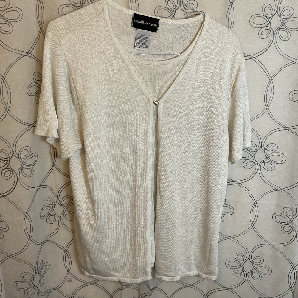 Women's Sag Harbor Cream Short Sleeve Top‎ With Attached Cardigan Size XL